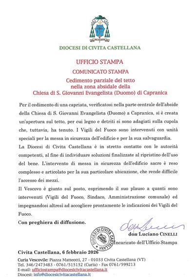 Ufficio Stampa - Cedimento parziale del tetto nella zona absidale della Chiesa di S. Giovanni Evangelista (Duomo) di Capranica